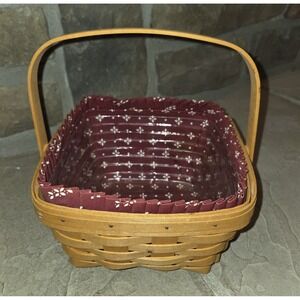 9" LONGABERGER SQUARE BASKET Handle Fabric Liner Vintage 1999 Collectable Maroon